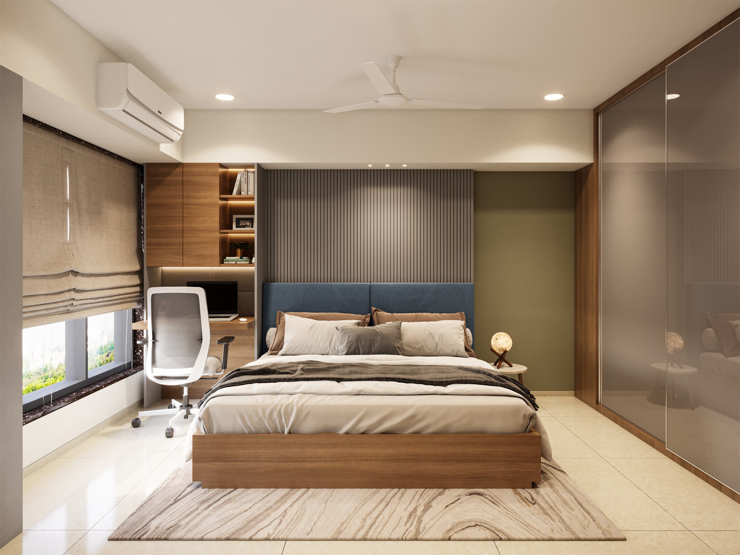 Ashok Odyssey bedroom with blue upholstered headboard and study desk