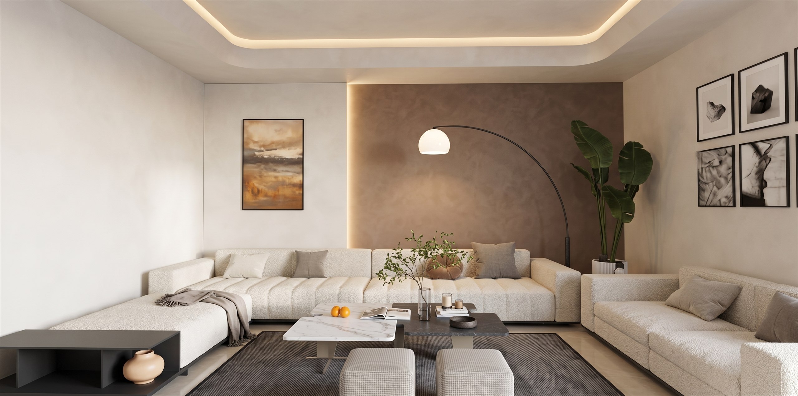 Living room of Bhandari Residence with a textured feature wall and warm cove lighting