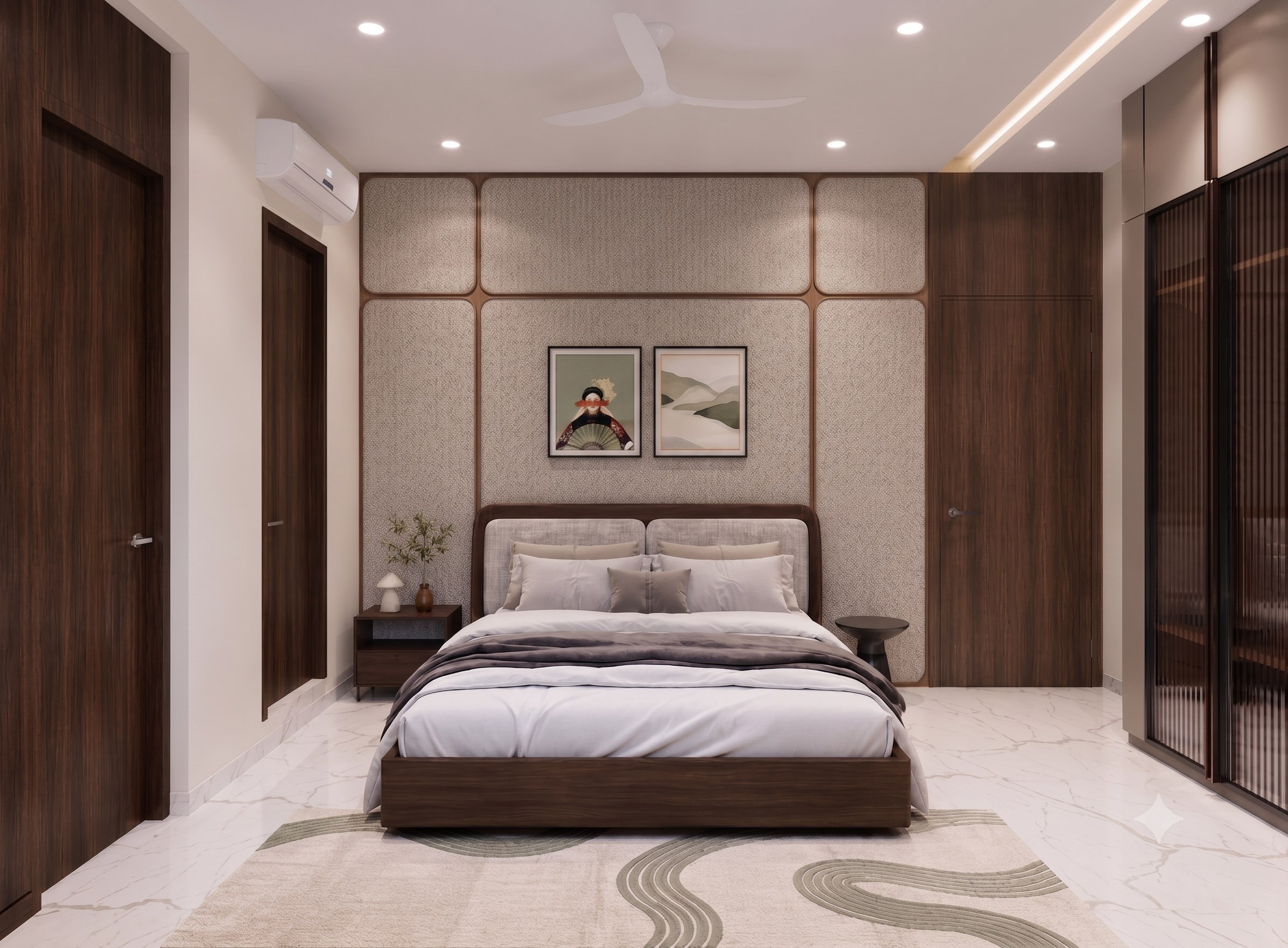 Bhandari Residence master bedroom with panelled headboard wall