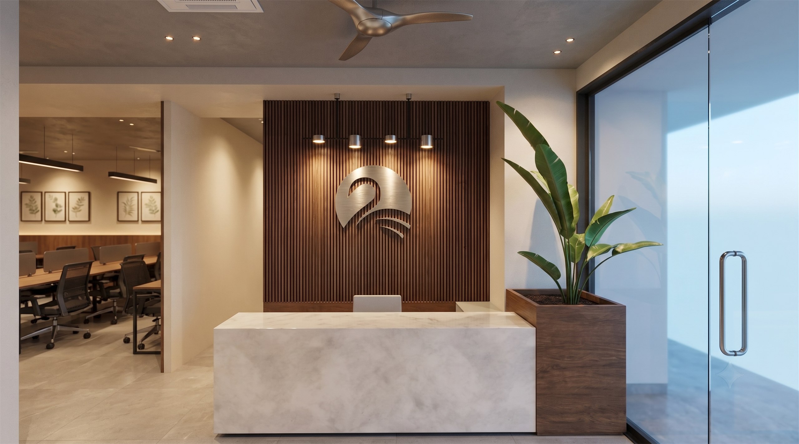 605–606 Unity One Office reception with fluted wood wall and marble desk