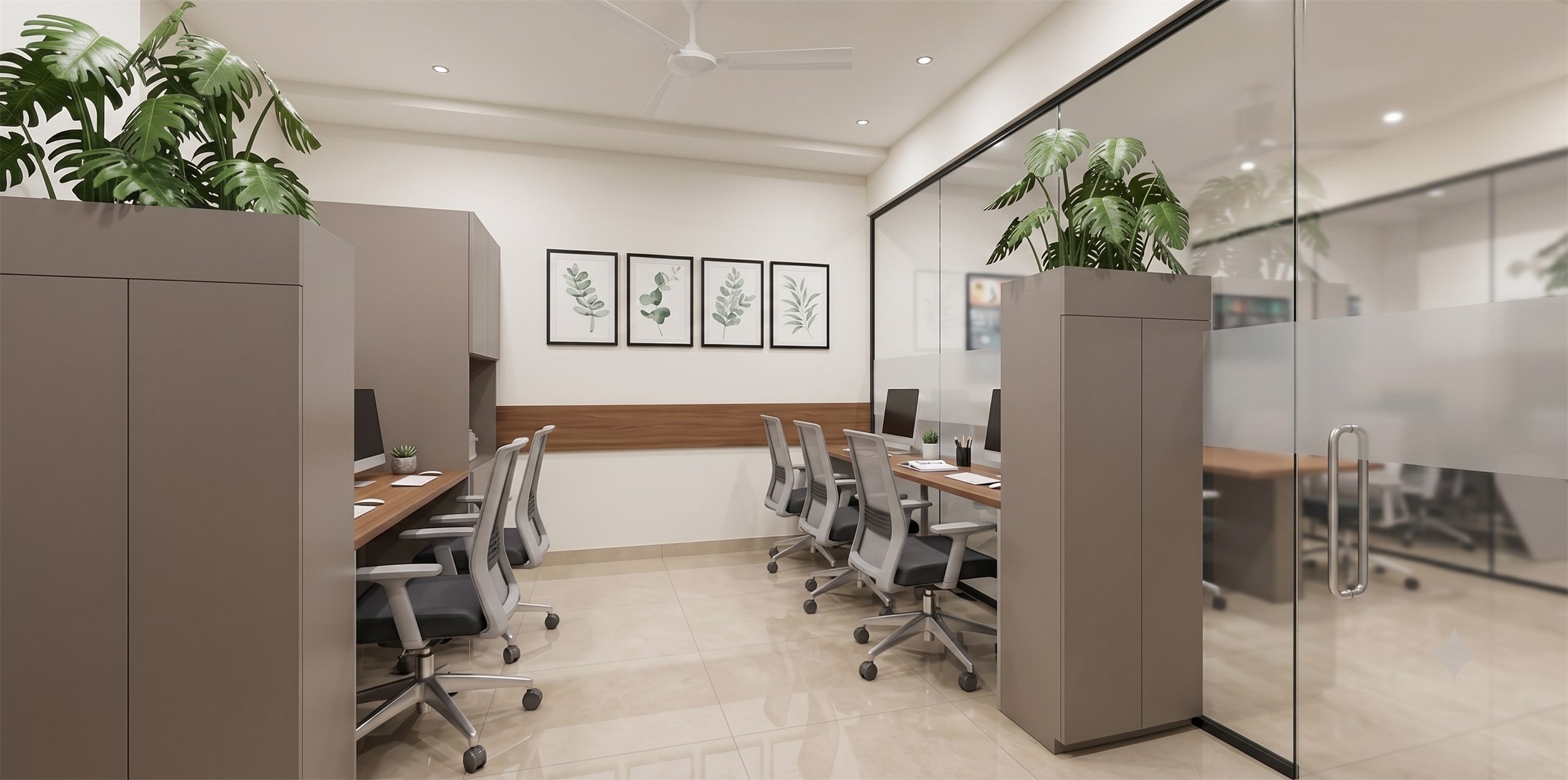 610 Unity One Office workstations with glass partitions and planters